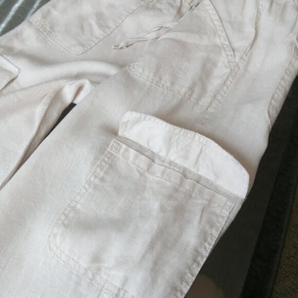 NICOLE MILLER Linen Cargo Pull On Elastic Drawstring Waist Khaki Jogger Pants M - Picture 7 of 15